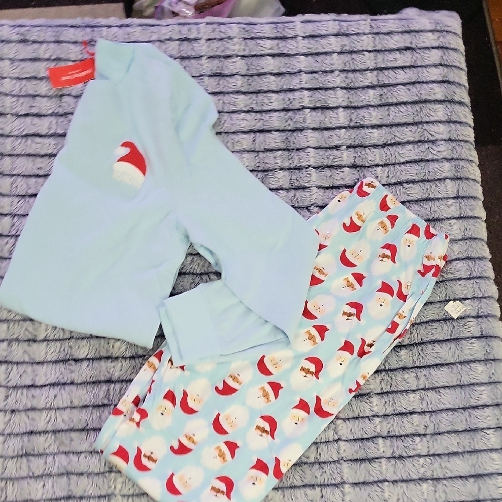 NWT Holiday Lane Santa‎ Print Mens Pajama Set - Light Blue Medium